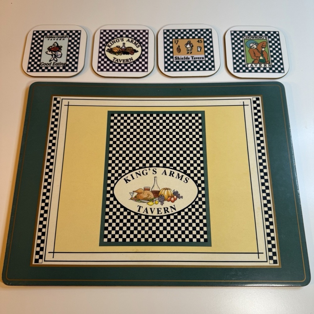 Four Vintage Colonial Williamsburg Tavern Coasters /One Placemat PIMPERNEL